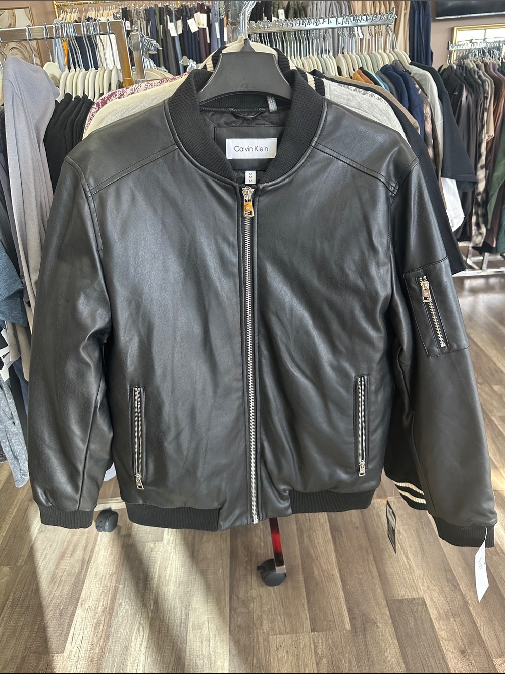 Calvin Klein Black Leather Bomber with Ribbed Trim
